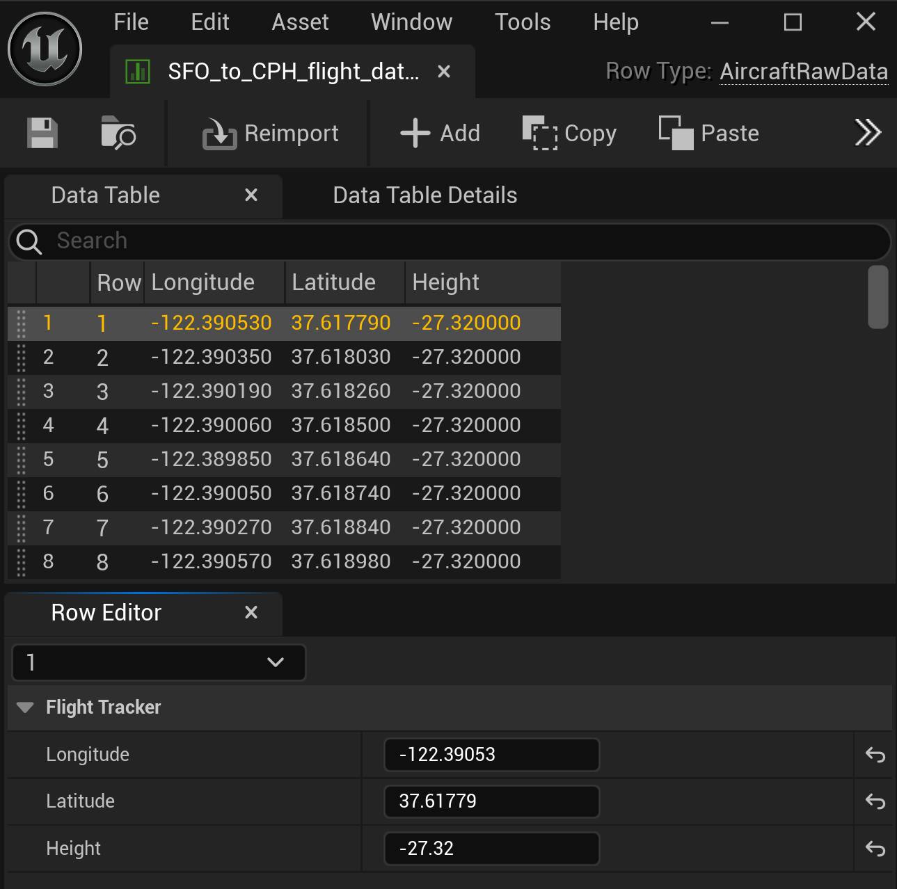 CFUE flight tracker tutorial: Click Apply and double-click on the new UDataTable object in the Content Browser to open the data table.