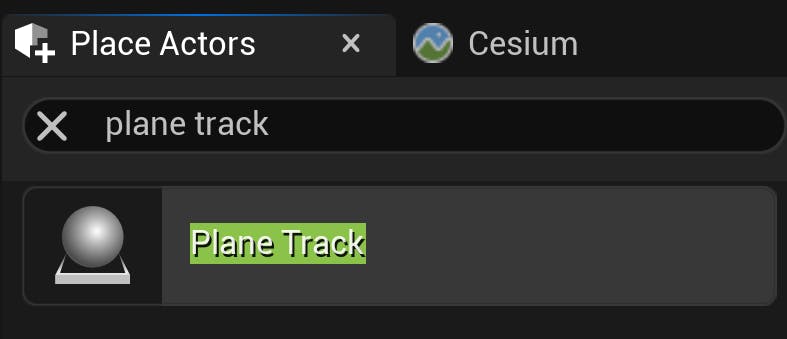 CFUE flight tracker tutorial: Navigate back to the Unreal Editor to add the flight track to the scene. In the Place Actors panel, search for "Plane Track". Then drag and drop it into the viewport.