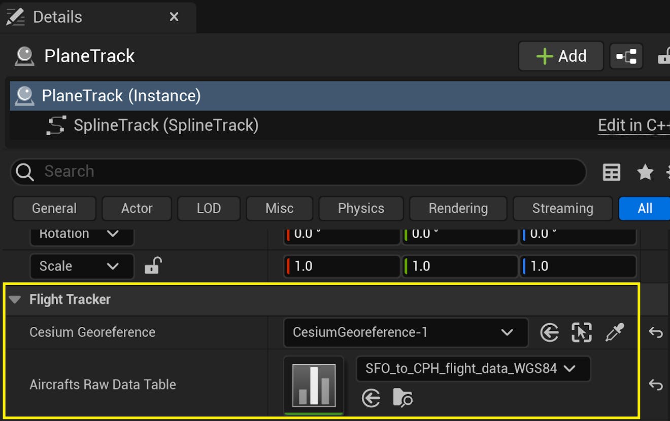 CFUE flight tracker tutorial: Select the PlaneTrack actor. In the Details panel, look for the Flight Tracker category. Set the Cesium Georeference variable to the CesiumGeoreference instance in your scene. Then set the Aircrafts Raw Data Table variable to the data table added in Step 3.