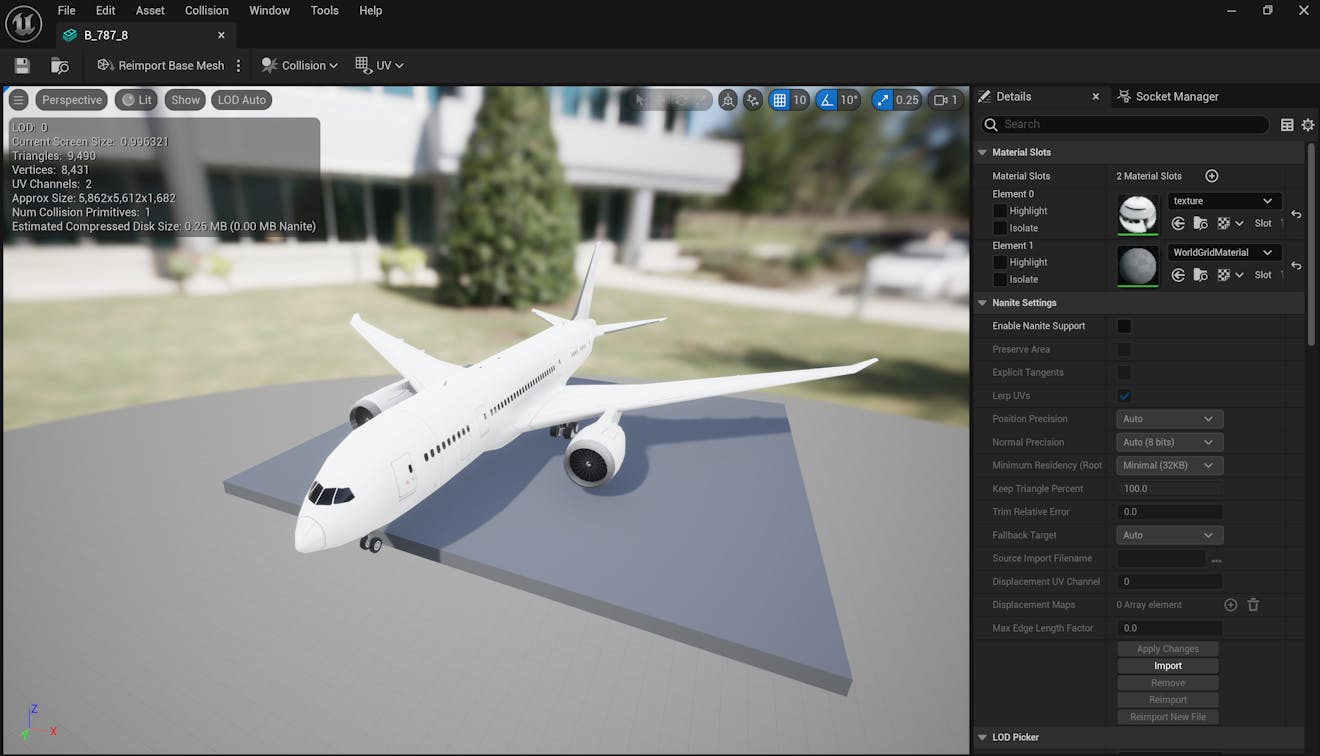 CFUE flight tracker tutorial: In the Content Browser, import the aircraft model into the content browser by selecting Add > Import to Game/[Path]/. You can inspect the model in the Static Mesh Editor.