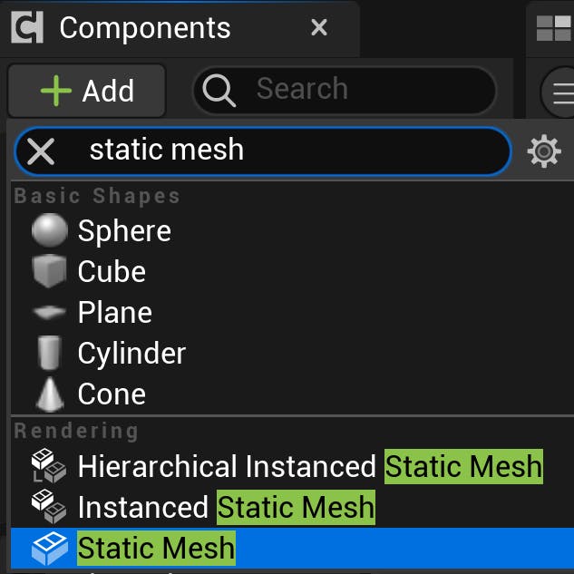 CFUE flight tracker tutorial: Double-click on the new Blueprint class to access the Blueprint Editor. Under the Components list in the top left, click Add Component and search for “Static Mesh”.