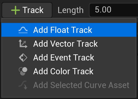 CFUE flight tracker tutorial: Create a float curve by clicking the Track button at the top left corner of the editor then selecting Add Float Track.
