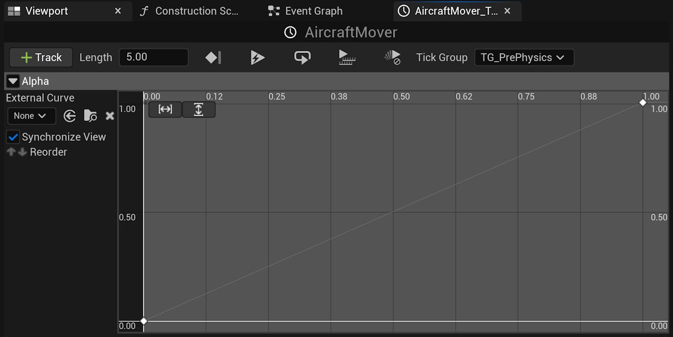 CFUE flight tracker tutorial: Add two keyframes to the timeline by right-clicking on the curve and selecting Add key to Curve. For the first keyframe, set the Time and Value to 0. For the second keyframe, set the Time and Value to 1. The final curve looks like this.