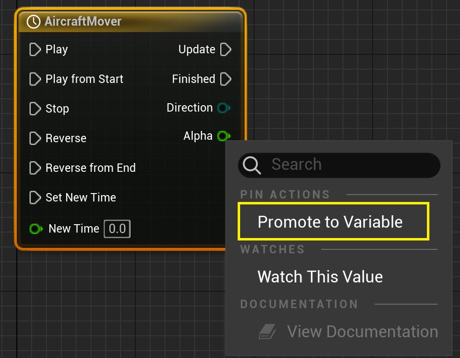 CFUE flight tracker tutorial: Return to the Event Graph and promote the Alpha output pin of the Timeline node. Do this by right-clicking on the pin and selecting Promote to variable. This will add it to the Variables panel on the left of the editor.