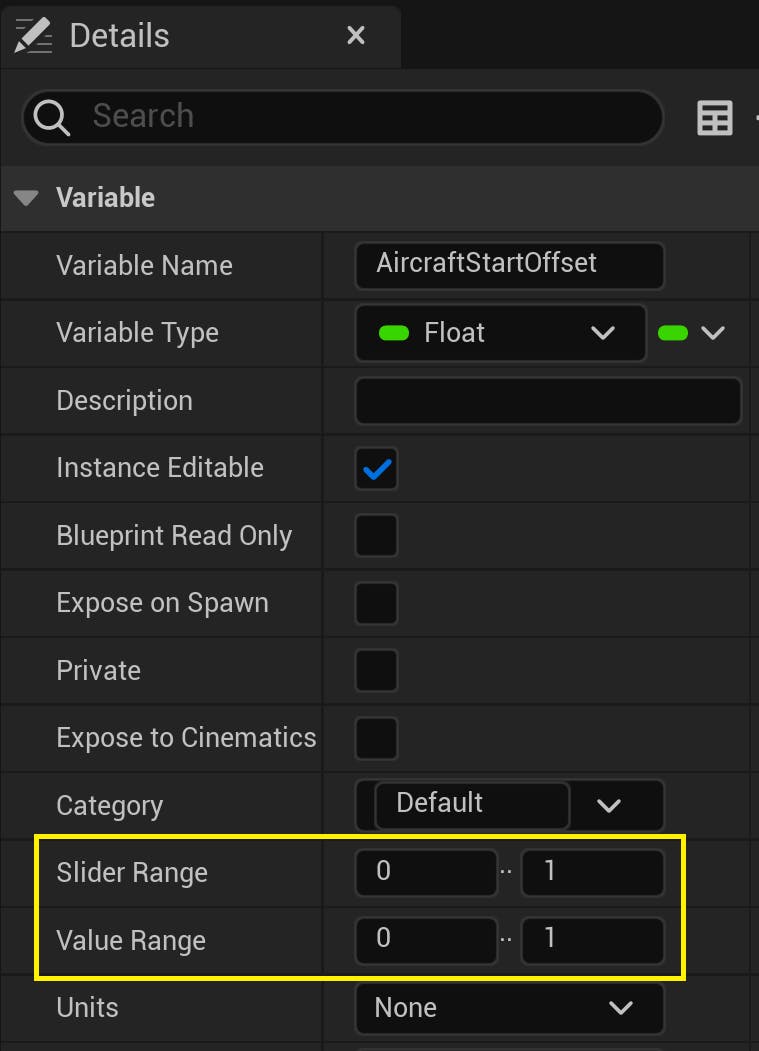 CFUE flight tracker tutorial: Next, add another Float variable named ”AircraftStartOffset” and make it public. This variable will be used to determine where on the timeline the flight begins. With this variable selected, navigate to the Details panel in the Blueprint Editor. Set the Slider Range and Value Range values to 0 and 1, respectively, because the timeline goes between 0 and 1.