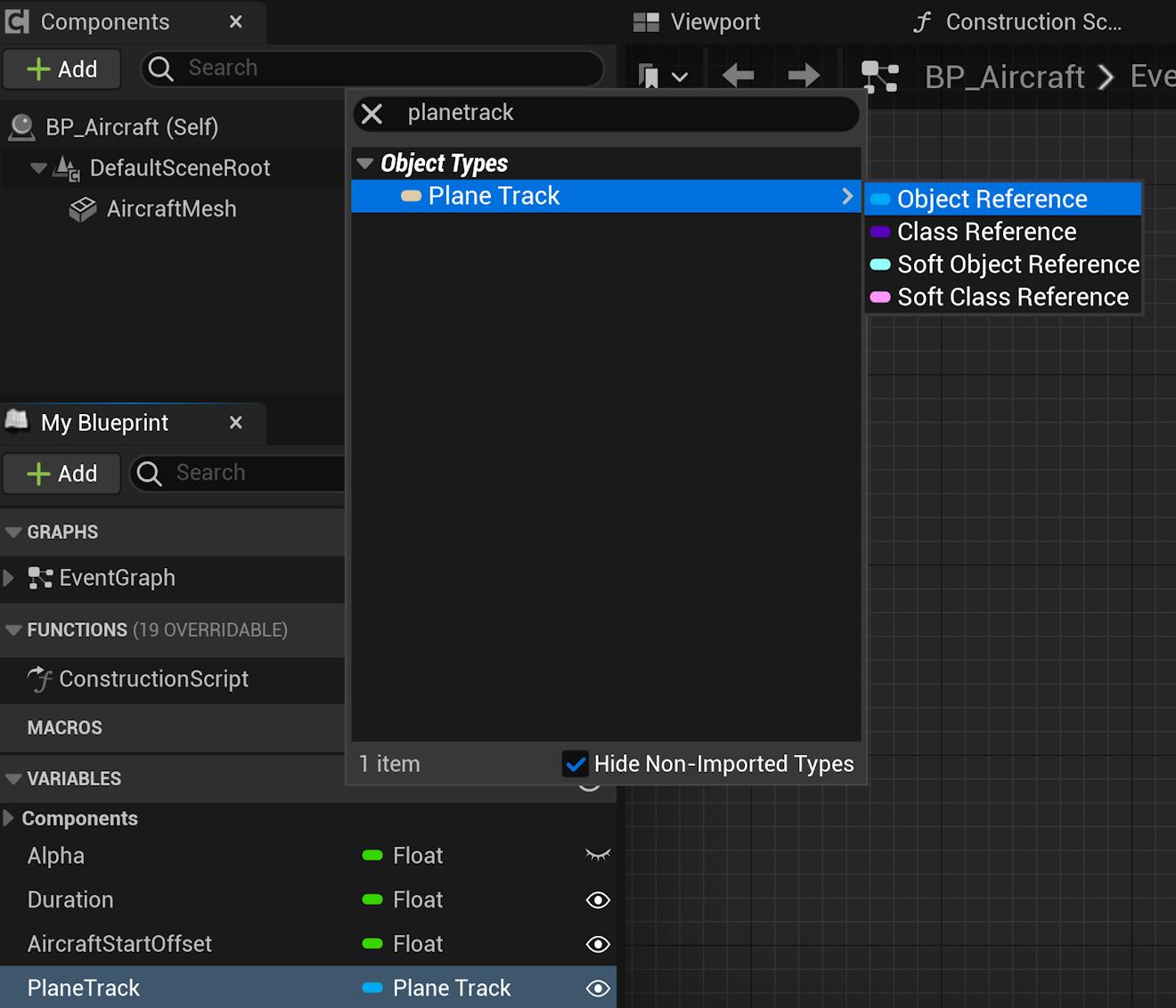 CFUE flight tracker tutorial: Finally, create a new variable with type PlaneTrack (Object Reference) and make it public. Name it "PlaneTrack" accordingly. This will be used to store a reference to PlaneTrack object and retrieve the positions on its spline.
