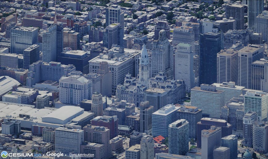 An orthographic view of Center City Philadelphia, visualized with Google Photorealistic 3D Tiles in Cesium for Unity.