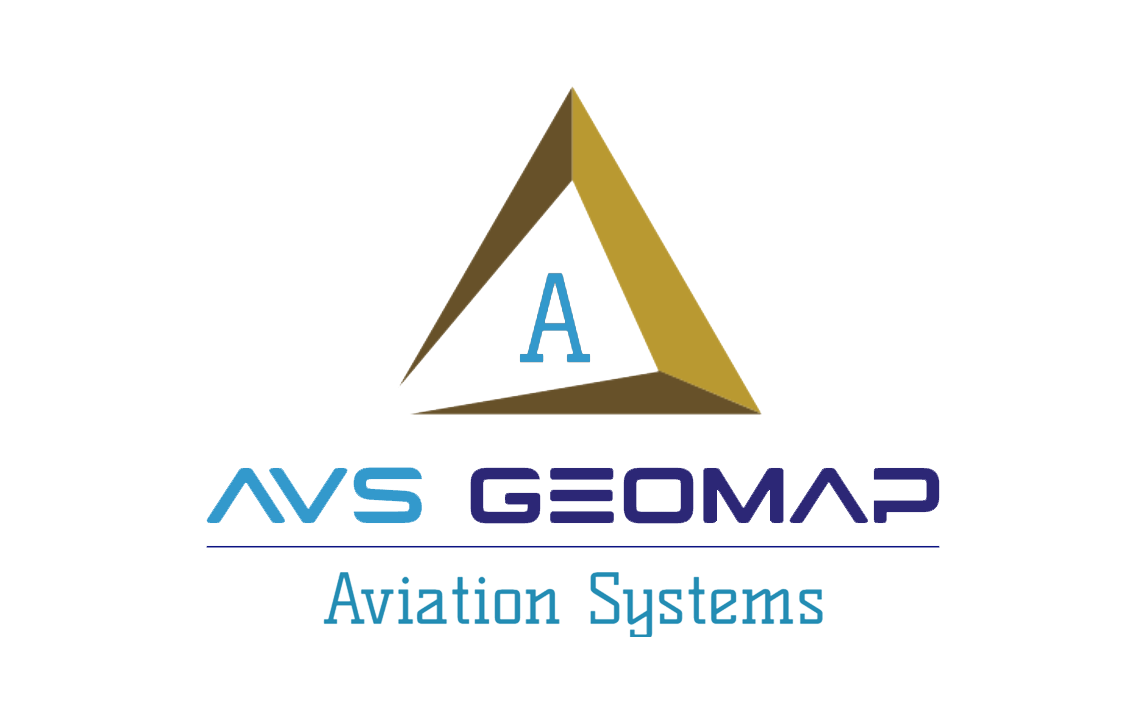 Yellow triangle with blue and black lettering of company name 'Aviation Systems' Geo Map.