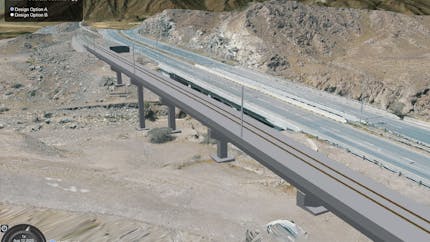 iTwin rail bridge design and Cesium ion reality modeling context visualized in CesiumJS.