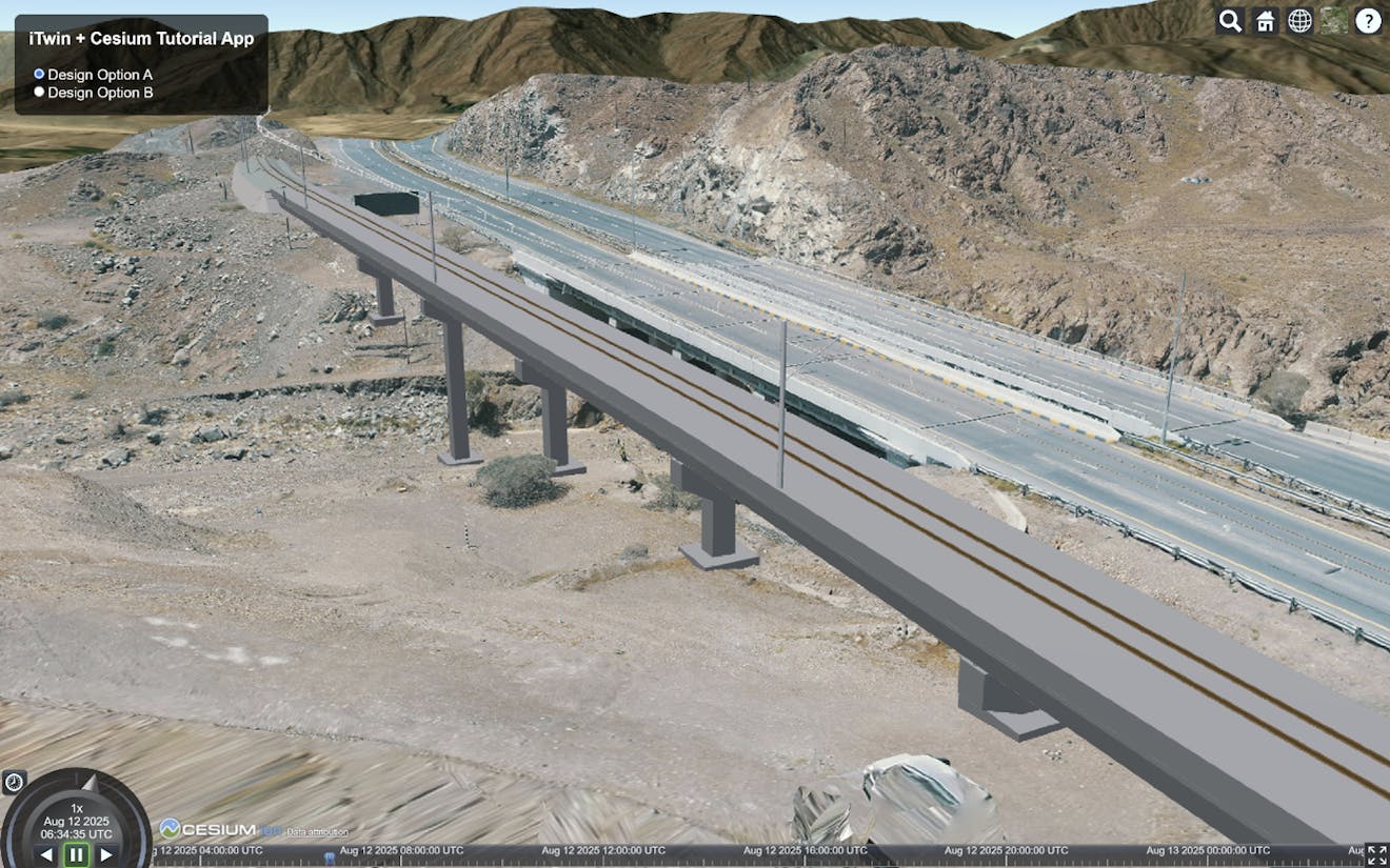 iTwin rail bridge design and Cesium ion reality modeling context visualized in CesiumJS.