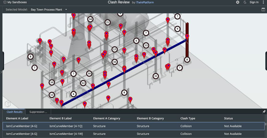 Visualizing clashes detected by the iTwin Clash Detection API.