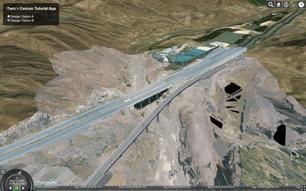 Tutorial series outcome: visualizing multiple bridge design options in a CesiumJS web app.