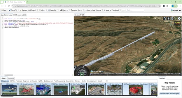Tutorial: Visualizing iTwin Design Data in CesiumJS. Generate a Sandcastle URL and open it in your browser to confirm the model displays correctly.   