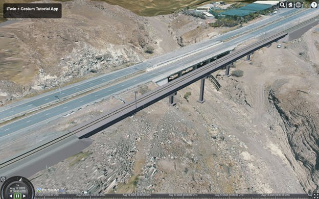 Tutorial: Visualizing iTwin Design Data in CesiumJS. Open the app in your browser. You should now see the bridge design model overlaid on the reality model from the previous tutorial. 