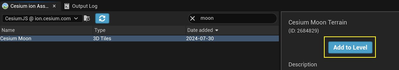 Find Cesium Moon or Cesium Mars in the asset list. Click on it, then click Add to Level.