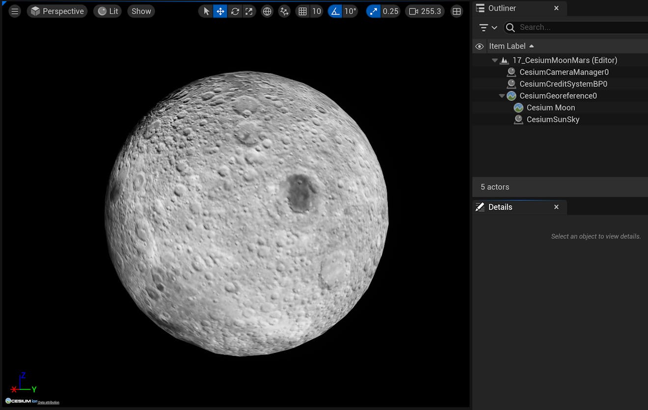 Cesium Moon visualized in Unreal Engine using Cesium for Unreal
