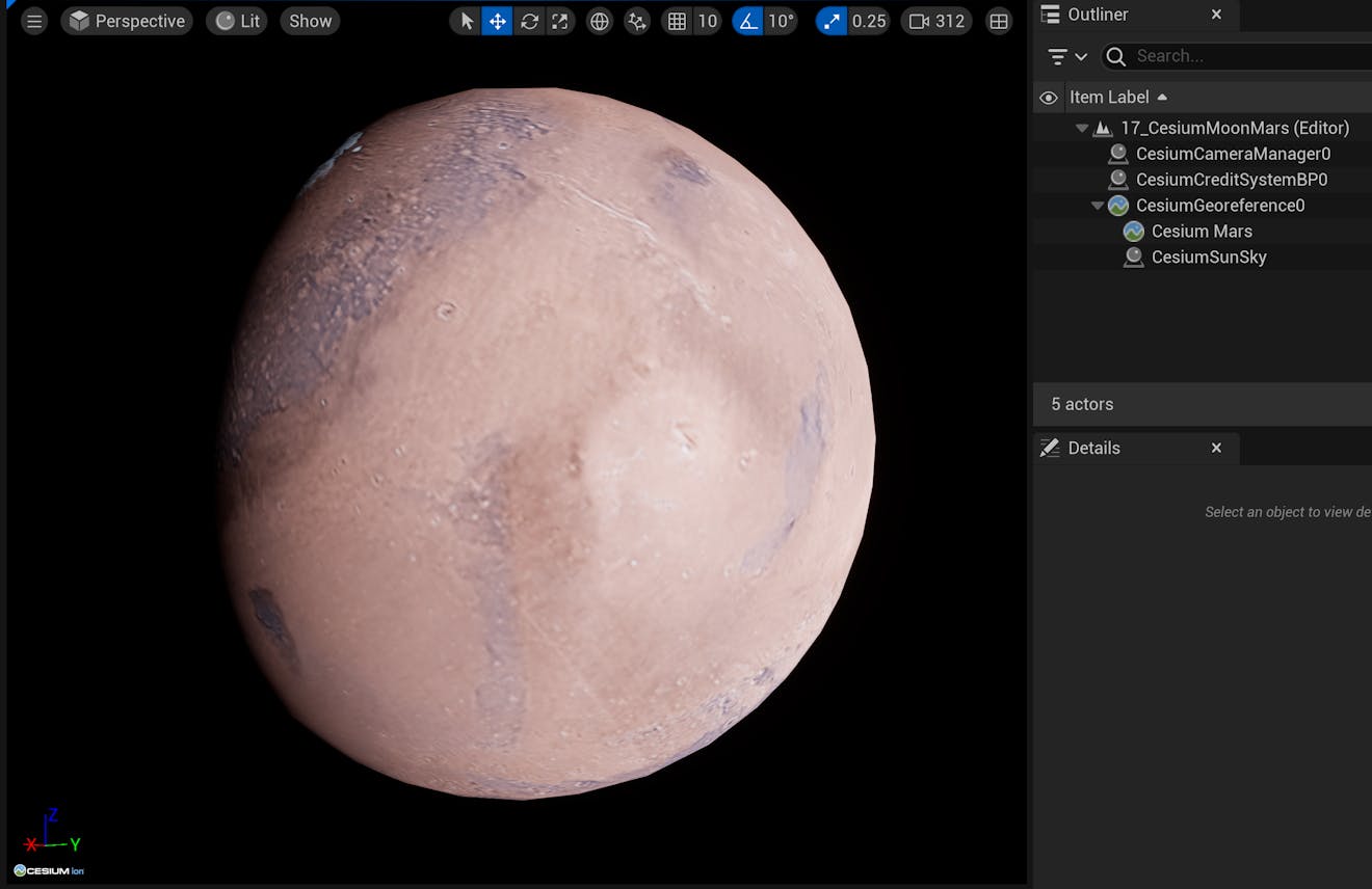 Cesium Mars visualized in Unreal Engine using Cesium for Unreal