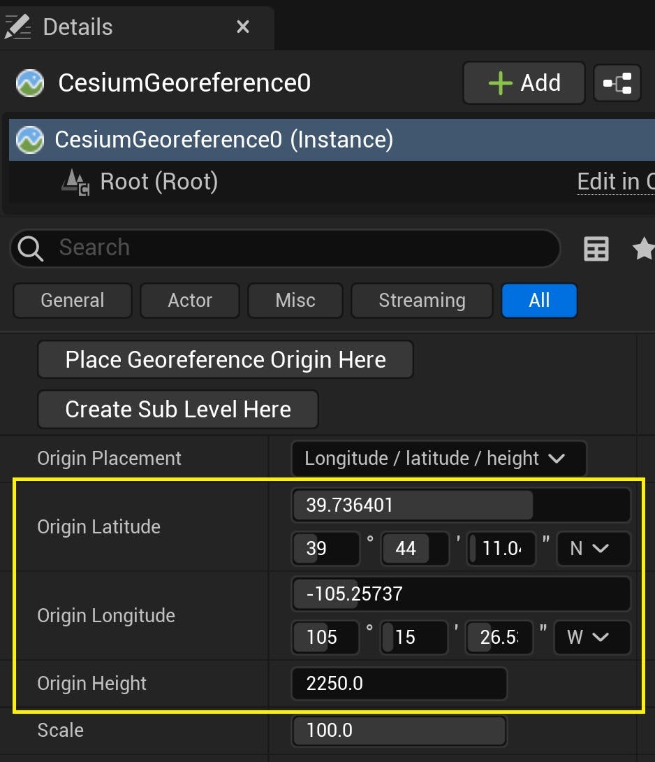 Click on the CesiumGeoreference actor in the World Outliner. Locate the Latitude, Longitude, and Height properties in the Details panel.