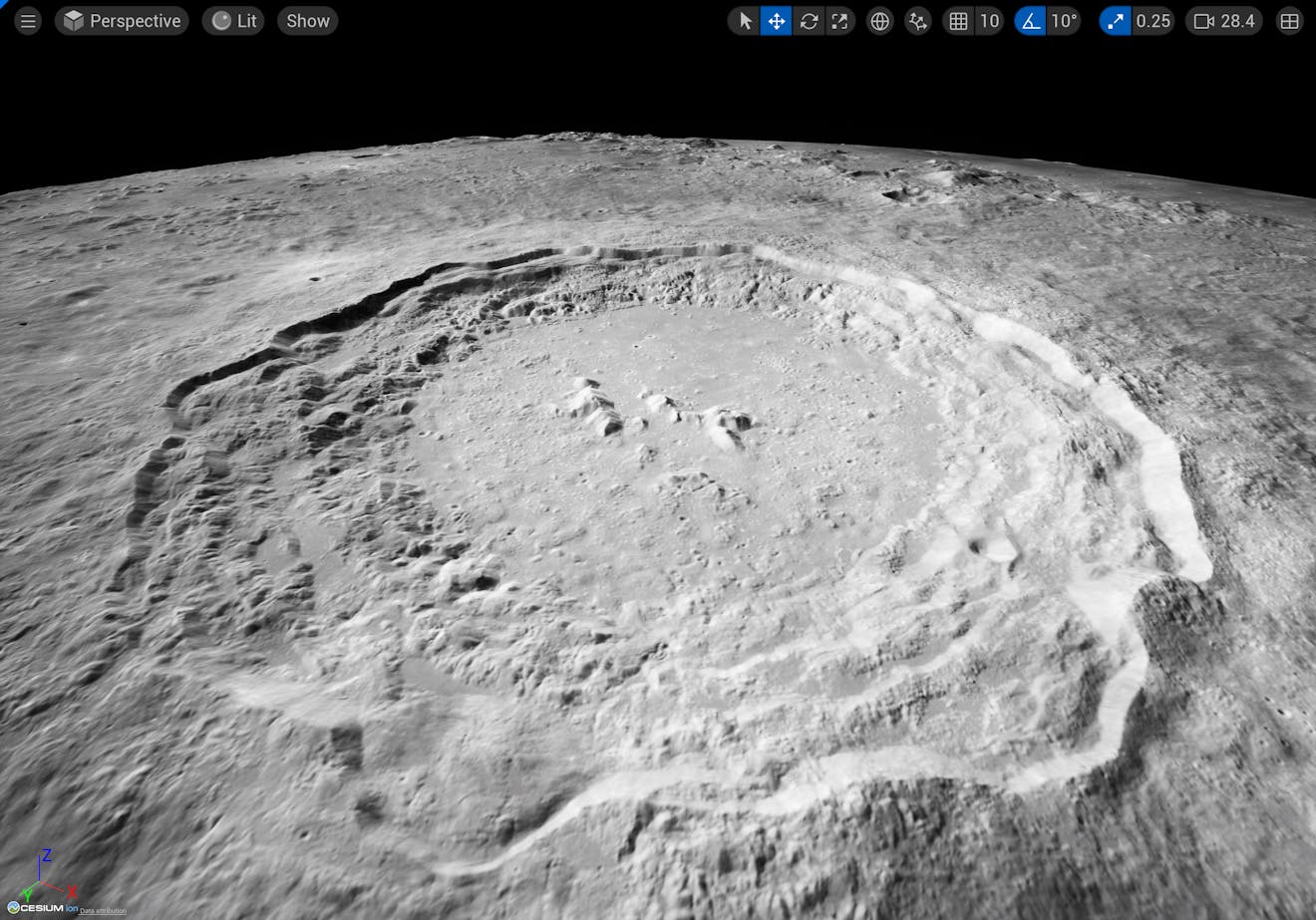 The Copernicus crater on the Moon visualized with Cesium for Unreal in Unreal Engine