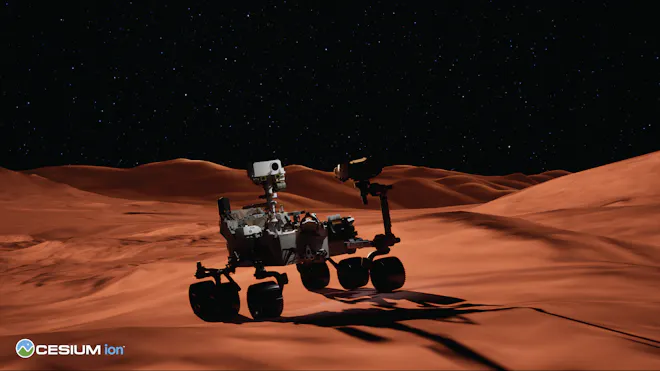 A 3D model of the Perseverance rover on the surface of Cesium Mars