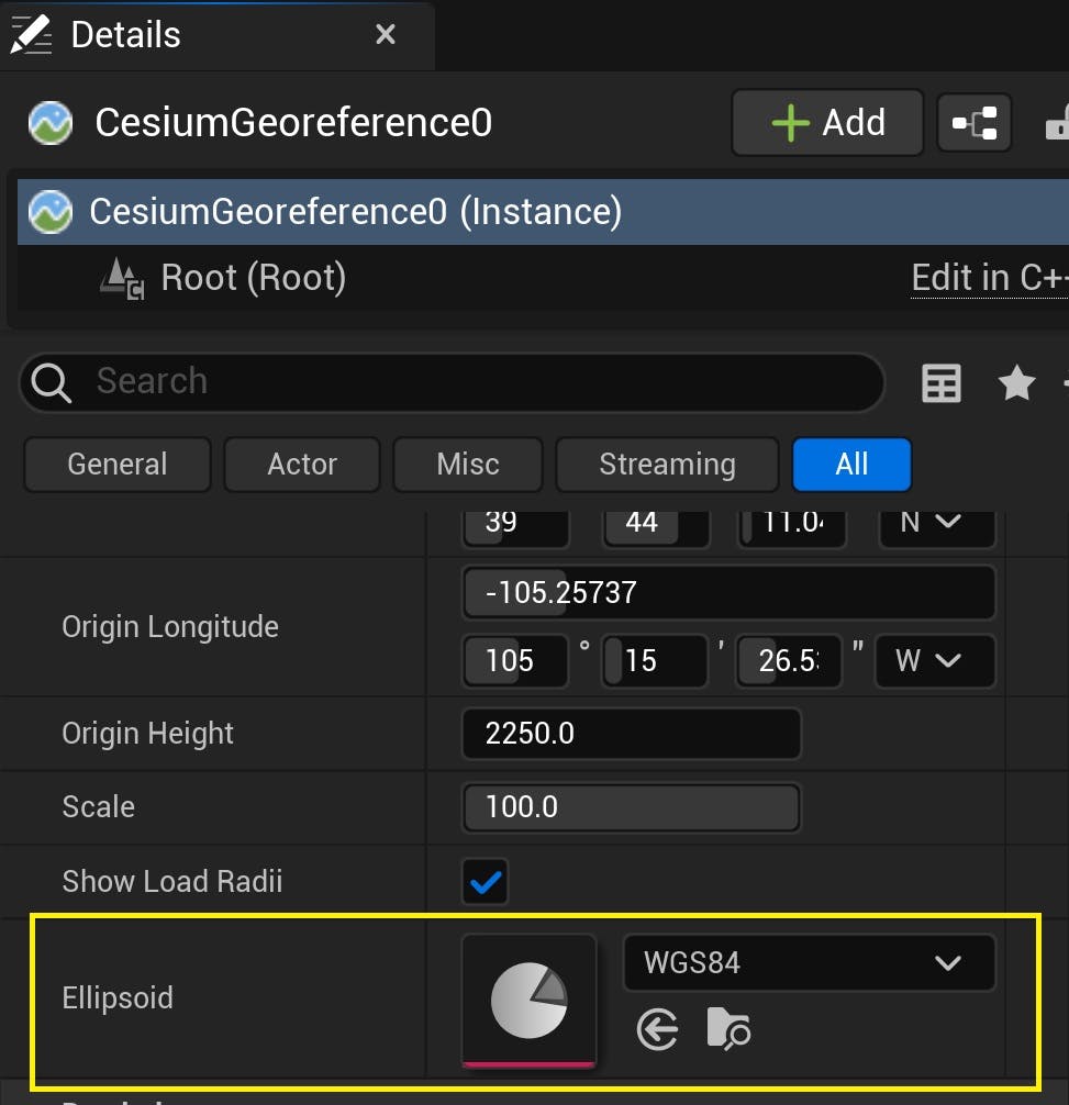 Select the CesiumGeoreference actor in the World Outliner. In the Details panel, look for Ellipsoid under the Cesium category.