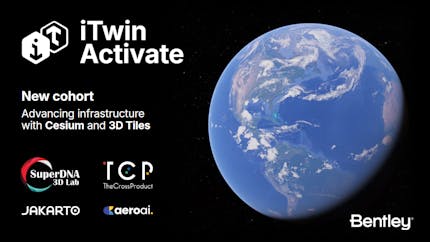iTwin Activate. New cohort: Advancing infrastructure with Cesium and 3D Tiles. SuperDNA 3D Lab, TheCrossProduct, Jakarto, and aeroai.