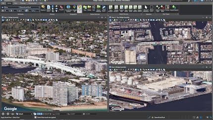 Google Photorealistic 3D Tiles of the 17th Street Causeway Bridge, Fort Lauderdale, Florida, USA, seen through multiple viewports viewed in MicroStation.