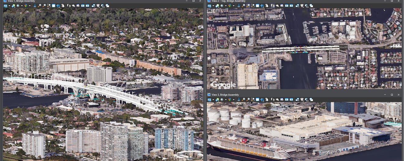 Google Photorealistic 3D Tiles of the 17th Street Causeway Bridge, Fort Lauderdale, Florida, USA, seen through multiple viewports viewed in MicroStation.