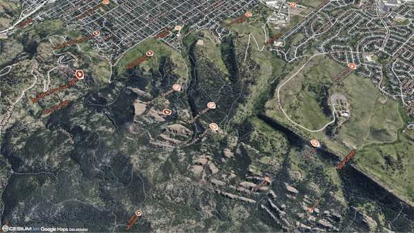 Google Maps 2D Satellite imagery of Boulder, Colorado, accessed from Cesium ion and with custom styling to add roadmaps with selected colors