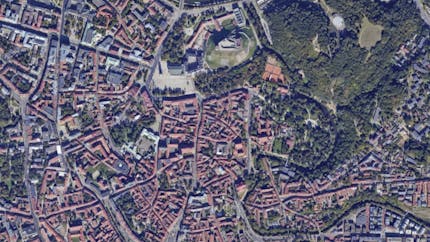 An aerial view of Vilnius, Lithuania, using Google Maps 2D Tiles