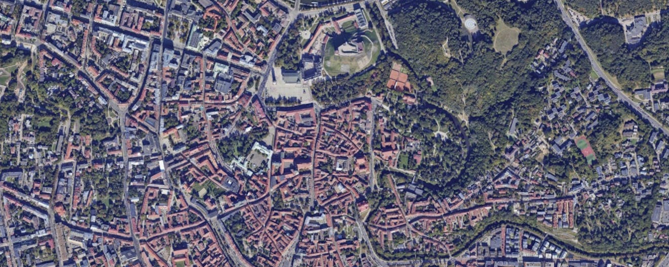 An aerial view of Vilnius, Lithuania, using Google Maps 2D Tiles