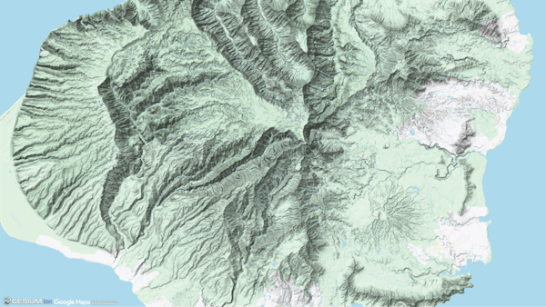 The island of Kauai, Hawaii, visualized from above with Google Maps 2D Tiles