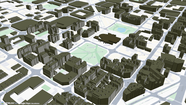 Buildings surrounding Basílica de la Sagrada Família in Barcelona, Spain, visualized with Google Maps 2D Roadmaps and Cesium OSM Buildings from Cesium ion