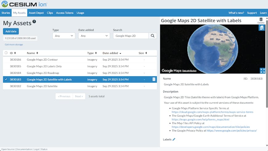 Google Maps 2D Tiles assets available in Cesium ion