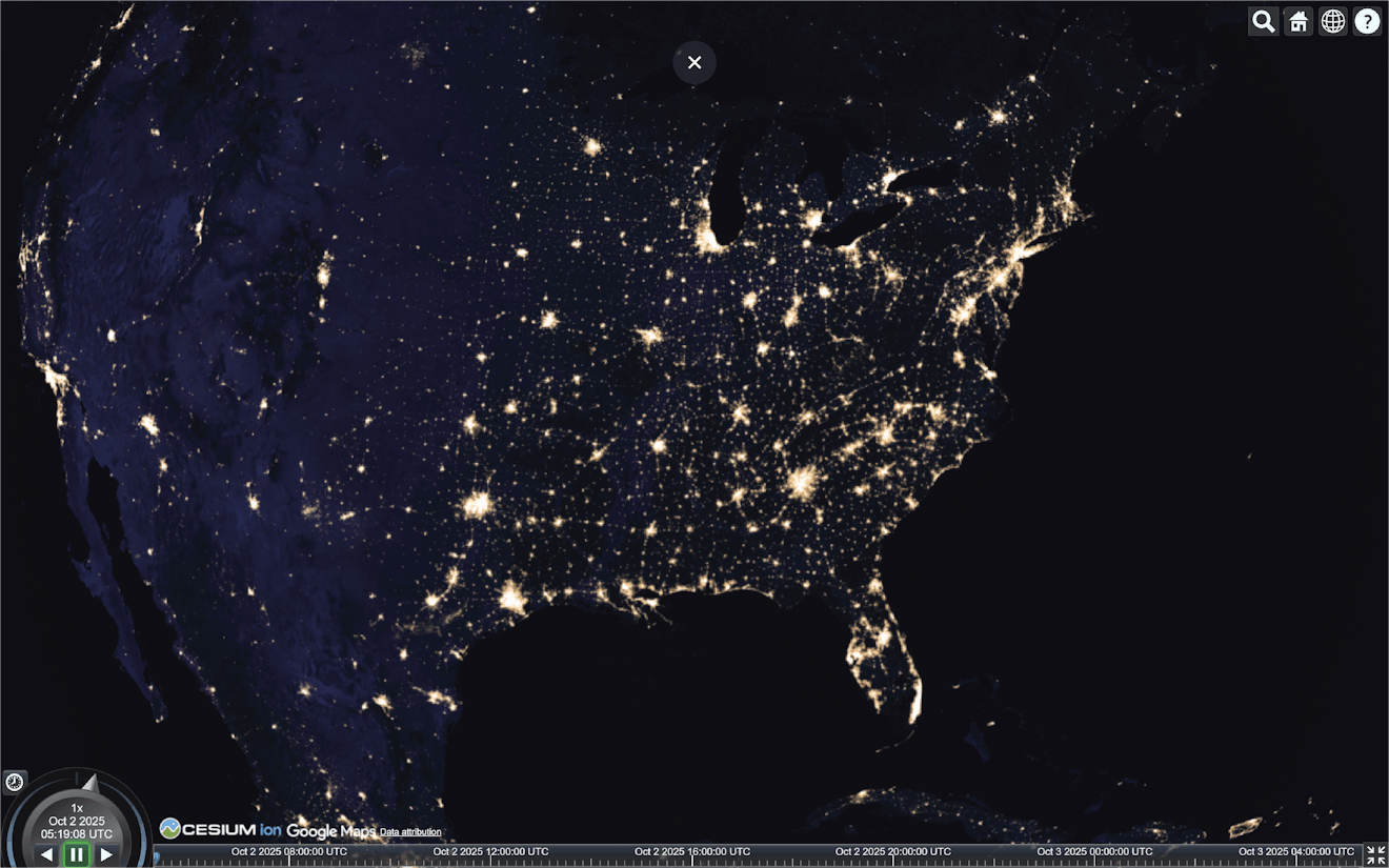 Google Maps satellite data from Cesium ion combined with Earth at Night 