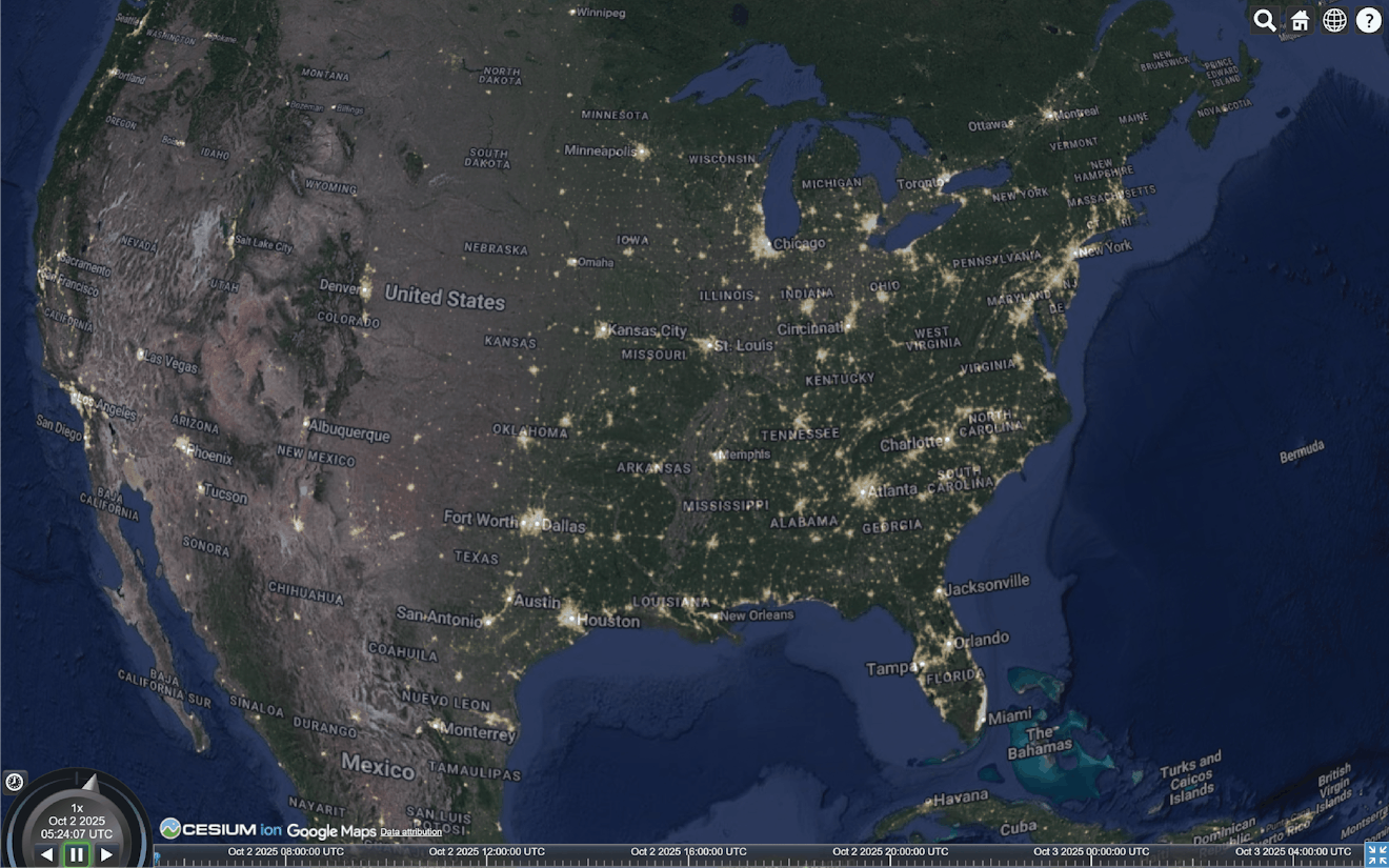 Google Maps satellite data from Cesium ion combined with Earth at Night, with Earth at Night made partially transparent