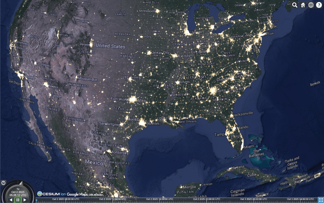 Google Maps satellite data from Cesium ion combined with Earth at Night, with Earth at Night made partially transparent and brighter