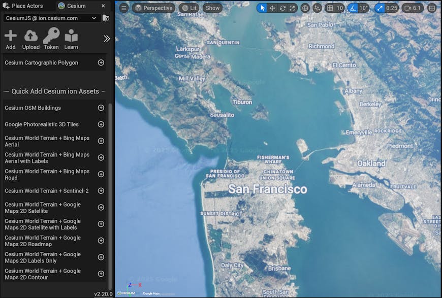 The Cesium for Unreal Quick Add list in the Unreal Engine editor, including the Google Maps 2D assets from ion as well as the Bing Maps assets 