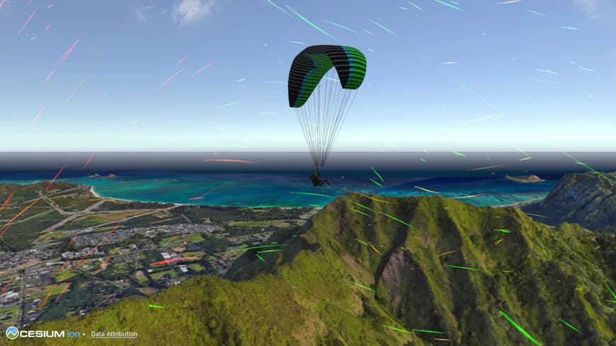 Paraglider in Hawaii with arrows showing air currents  in VR GliderSim game