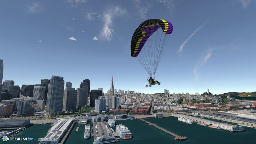 Paramotor above San Francisco skyline  in VR GliderSim game