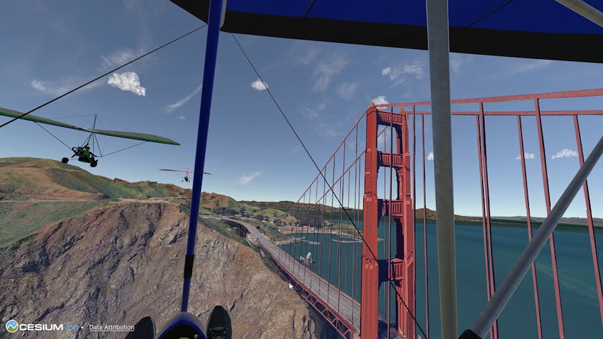 Ultralight trikes flying above the Golden Gate Bridge in VR GliderSim game