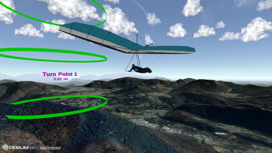 Hang glider heading to turn point in XC challenge in VR GliderSim game