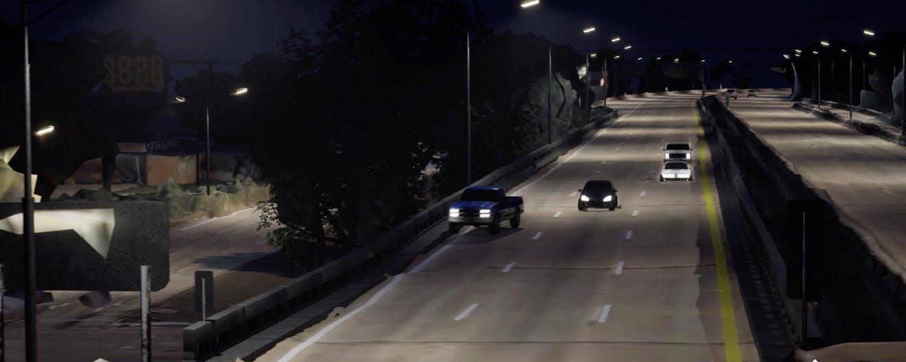 Cars driving on a 3 lane road in a simulation in Cesium for Unreal created by Forensic Rock