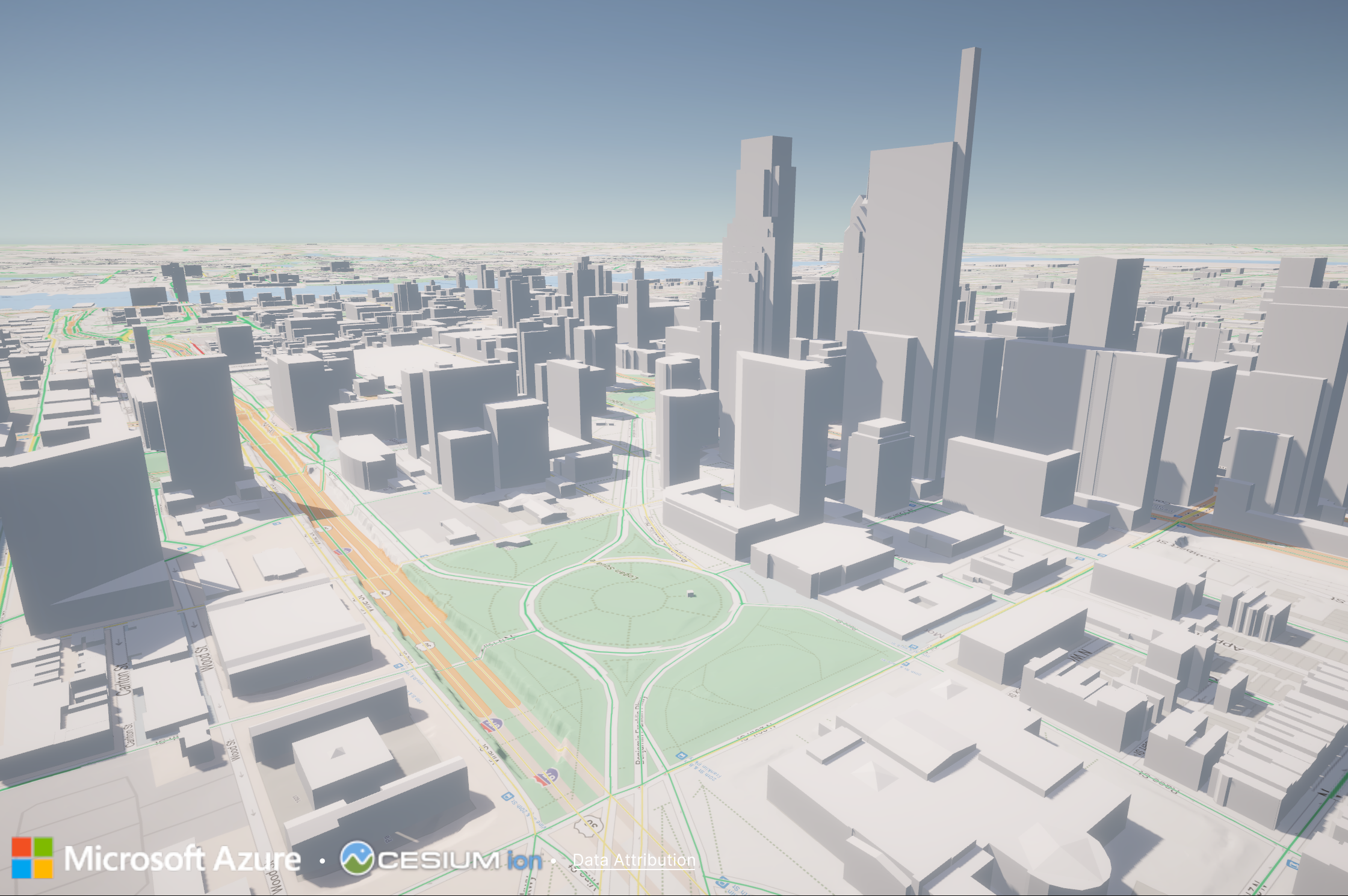 Traffic in Philadelphia, PA, USA, visualized over a roadmap layer from Microsoft Azure alongside Cesium OSM Buildings.