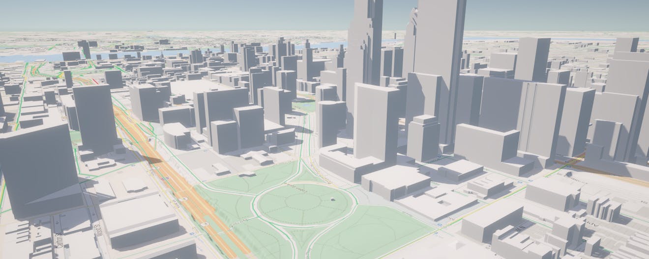 Traffic in Philadelphia, PA, USA, visualized over a roadmap layer from Microsoft Azure alongside Cesium OSM Buildings.
