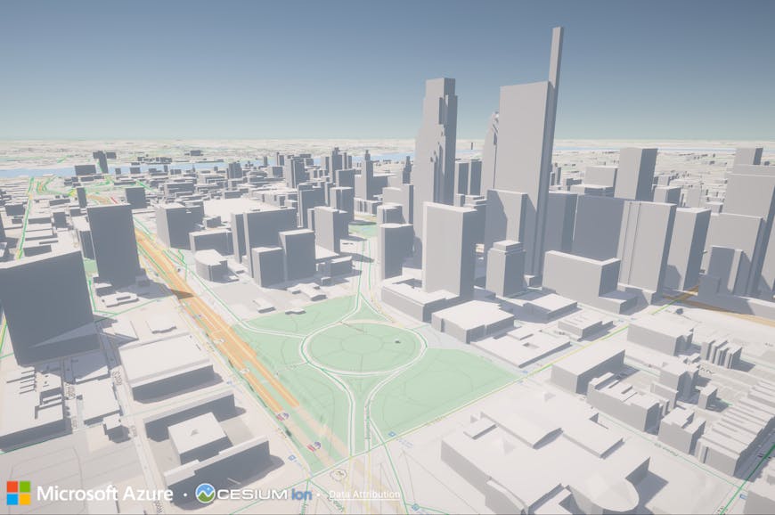 Traffic in Philadelphia, PA, USA, visualized over a roadmap layer from Microsoft Azure alongside Cesium OSM Buildings.