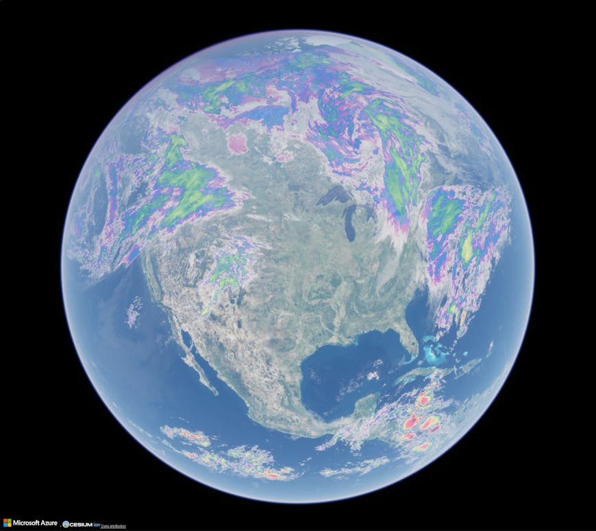 Infrared weather data across North America overlaid on satellite imagery from Microsoft Azure.