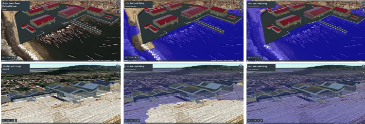 ガーナ・ジェームスタウン漁港およびトリニダード・トバゴ空港における海面上昇の様子（Cesium Stories）

Visual simulations of sea level rise impact at James Town Fishing Harbour in Ghana and the airport in Trinidad and Tobago (source: UNOOSA—Cesium Stories)