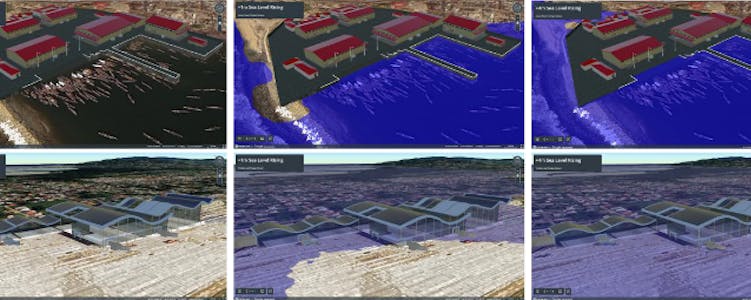 ガーナ・ジェームスタウン漁港およびトリニダード・トバゴ空港における海面上昇の様子(Cesium Stories)
Visual simulations of sea level rise impact at James Town Fishing Harbour in Ghana and the airport in Trinidad and Tobago (source: UNOOSA—Cesium Stories)