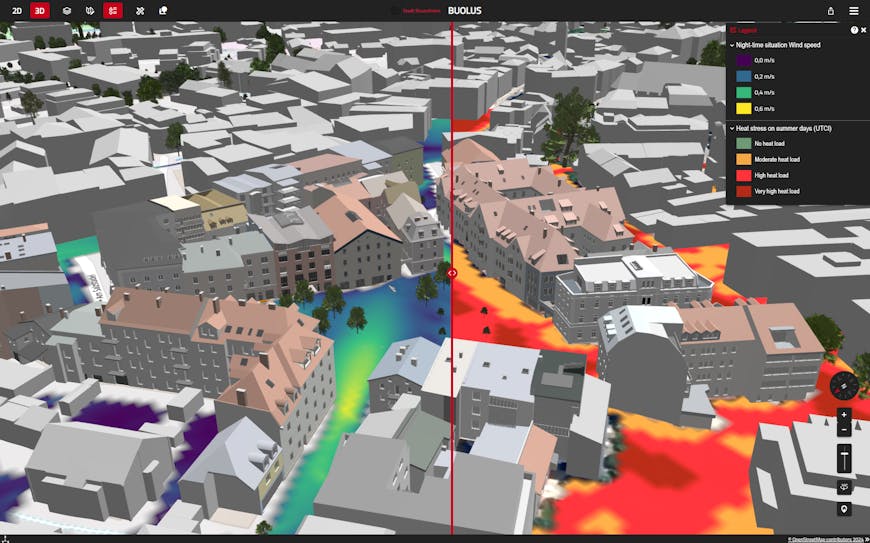 Splitscreen view of building models with color coding showing simulated wind speed and heat, Virtual City Systems